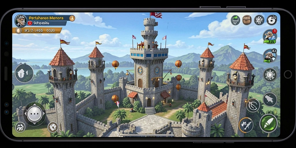Screenshot gameplay 34R menampilkan aksi menara pertahanan yang intens.
