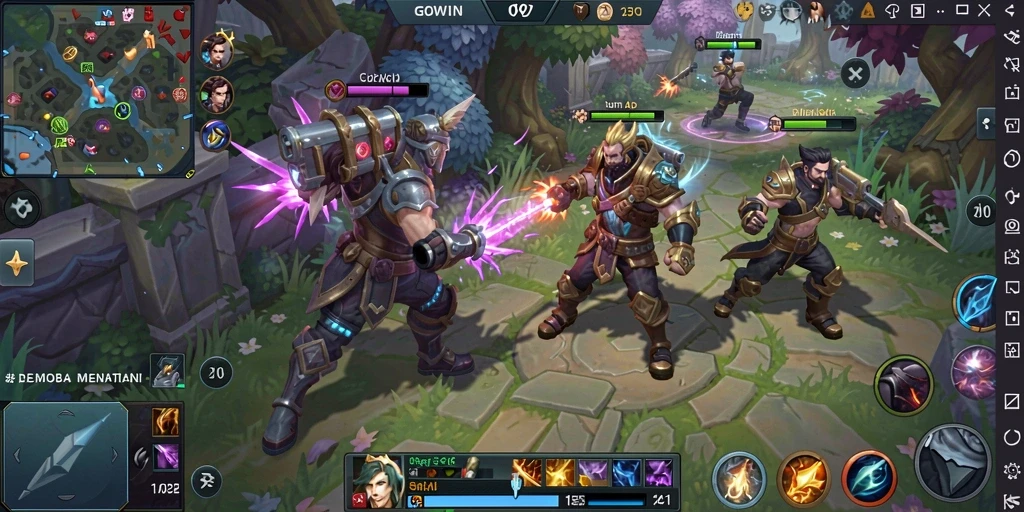 Tampilan gameplay GOWIN dengan karakter yang beraksi di arena MOBA.
