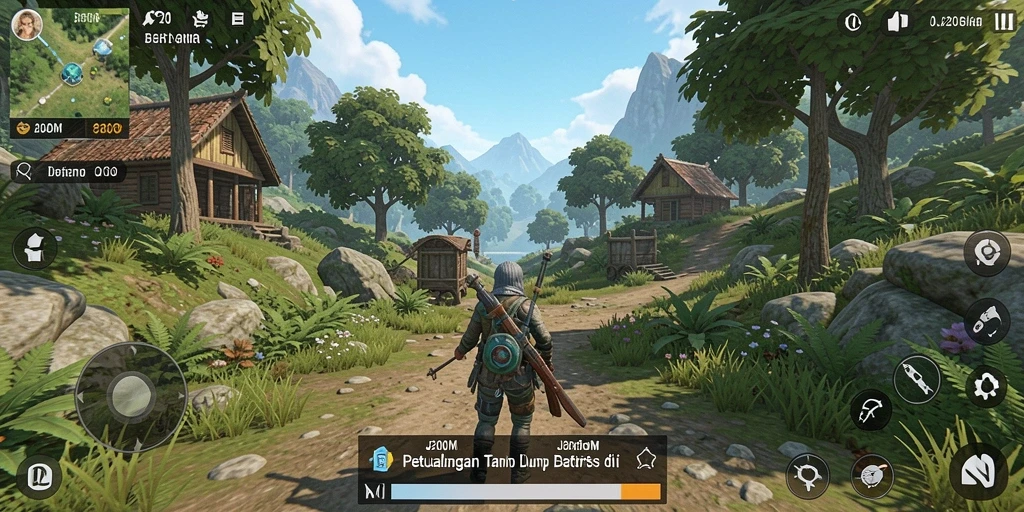 Tangkapan layar gameplay J200M yang menampilkan eksplorasi dunia terbuka.