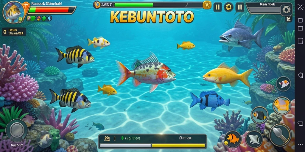 Screenshot gameplay KEBUNTOTO menampilkan serunya menembak ikan di bawah laut.
