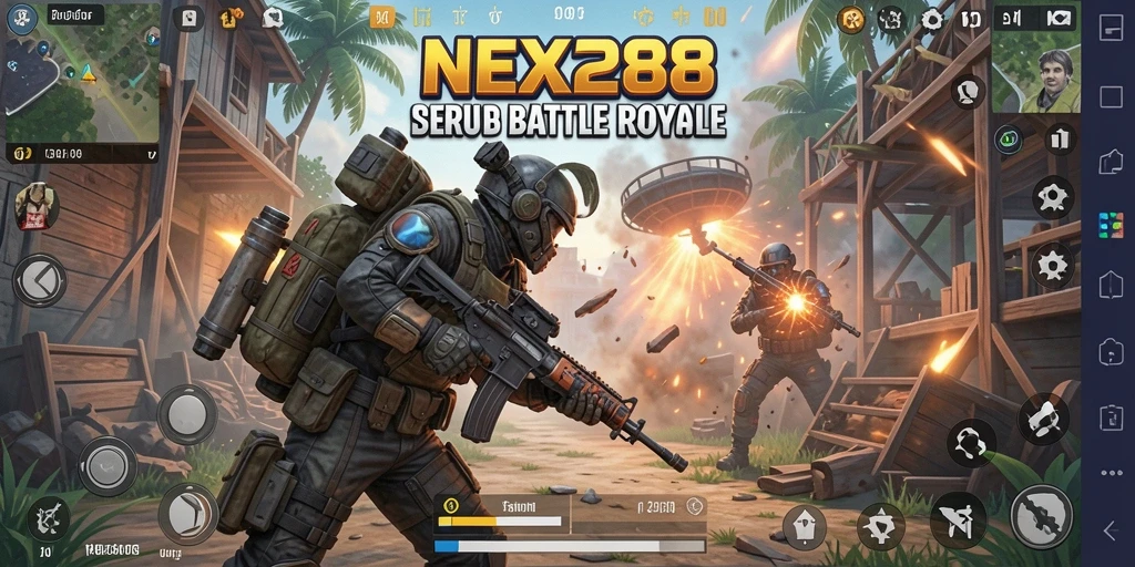 Tampilan utama gameplay seru di NEX288, aksi Battle Royale menegangkan.