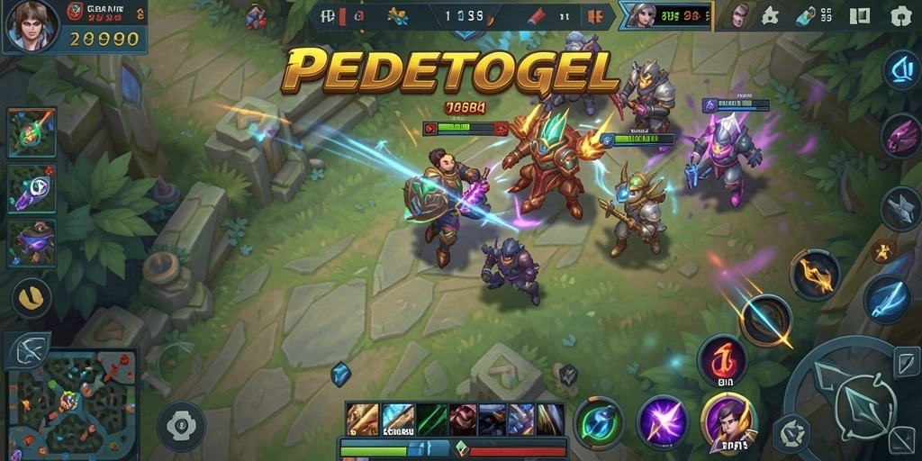 Tampilan gameplay seru dalam PEDETOGEL yang menampilkan pertarungan MOBA.
