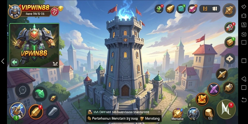 Tangkapan layar gameplay menunjukkan aksi menara pertahanan yang intens.