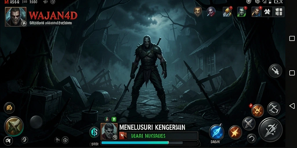 Tangkapan layar gameplay WAJAN4D menampilkan suasana mencekam dan elemen horror yang kuat.